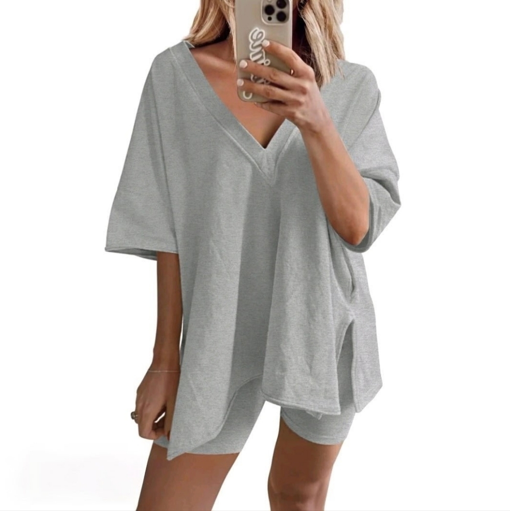 Two-Piece Outfit For Women: Oversized Cotton Gray V-Neck T-Shirt and Shorts
